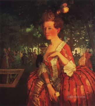 una joven con un vestido rojo y una chica con una letra Konstantin Somov Pinturas al óleo